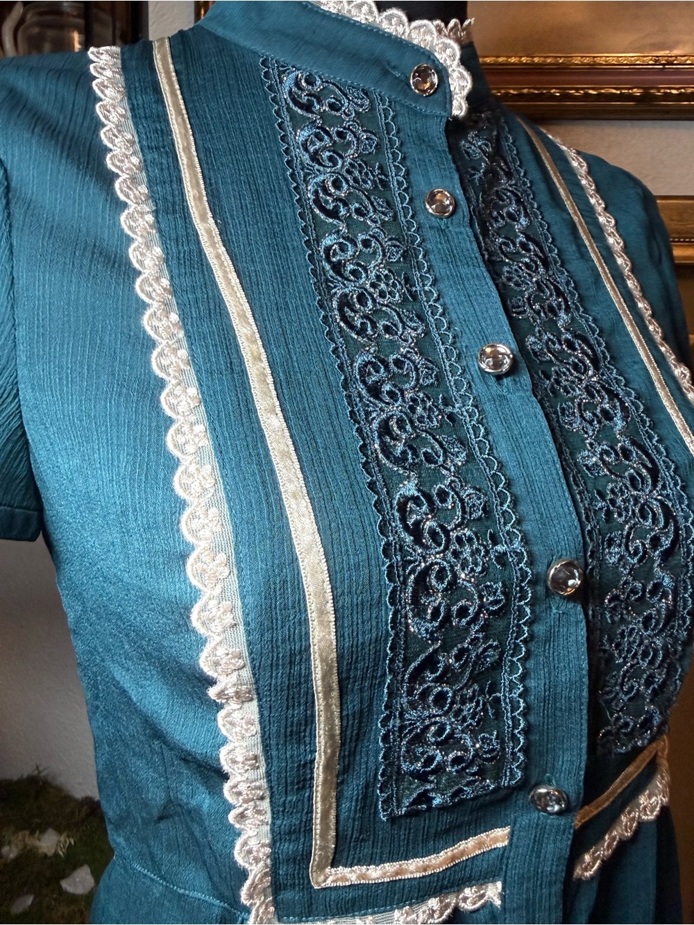 Victorian Teal Lace Bib Front Blouse •Size S• Sheer Chiffon Rhinestone Buttons - Picture 16 of 16